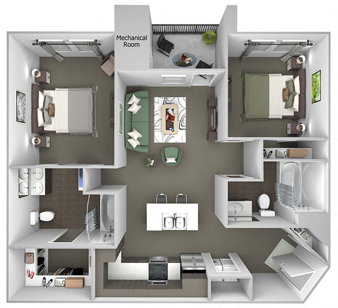 Floor plan for 2 beds, 2 baths, 1076 sqft